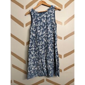 Loft Blue White Floral Bird Print Sleeveless Eyelet Shift Mini Dress Size Small